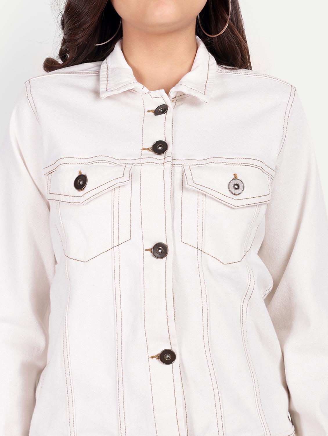 women solid collared long sleeve denim jacket - 22058753 - Standard Image - 3
