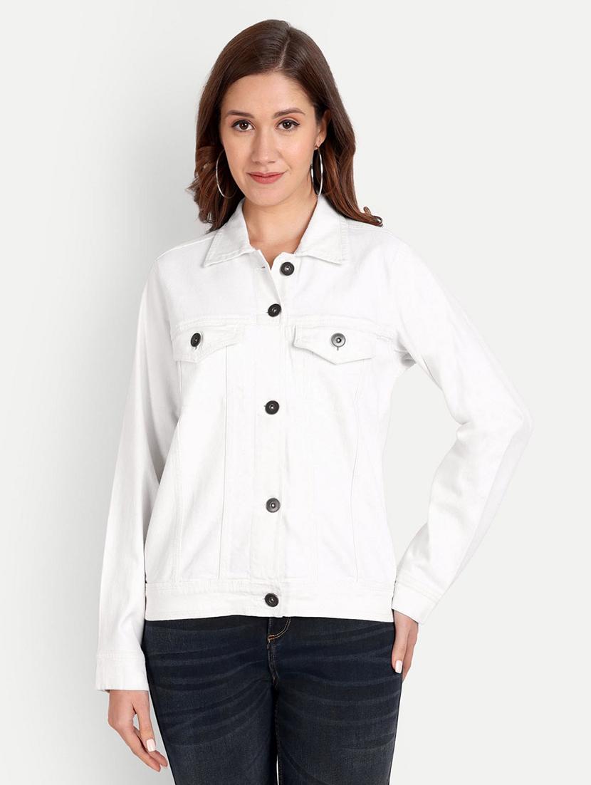 women solid collared long sleeve denim jacket