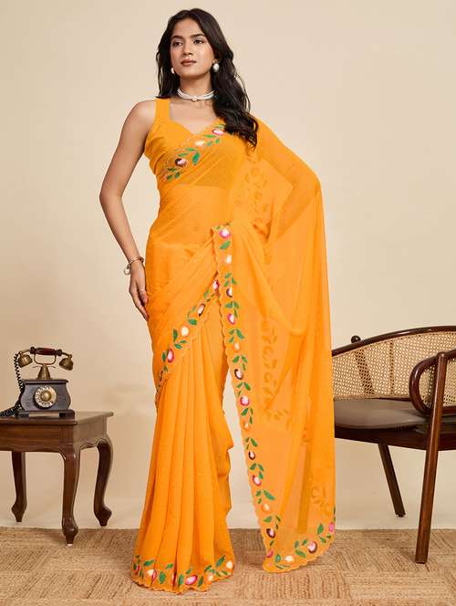 women solid with work embellished saree with blouse - 22058812 -  Standard Image - 0