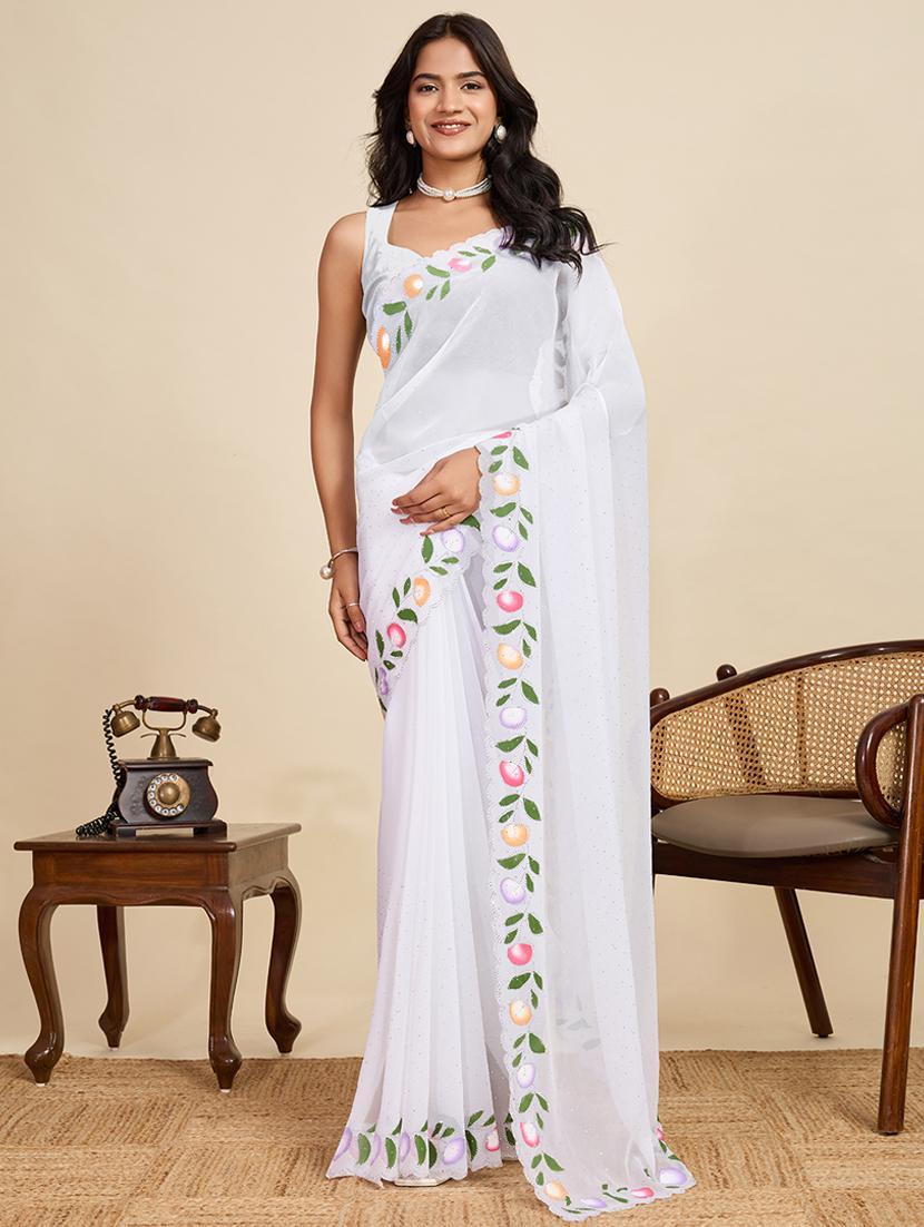 women solid with work embellished saree with blouse - 22058814 - Zoom Image - 0