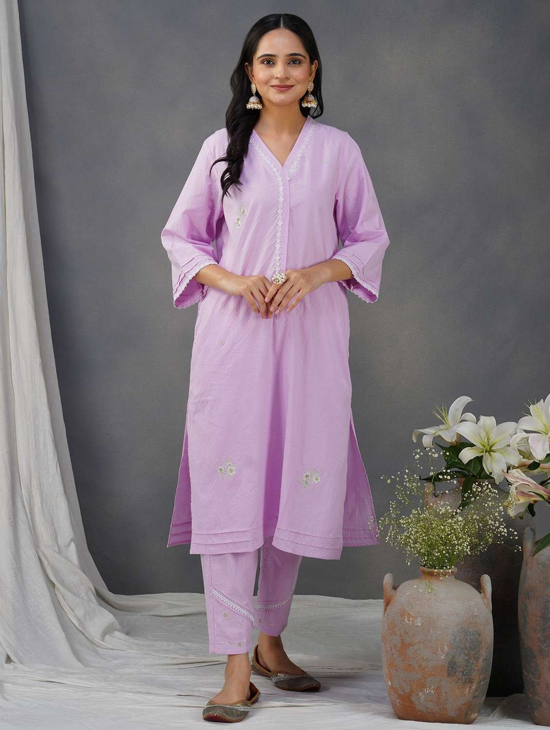 women three quarter sleeve kurta pant set