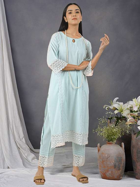 women three quarter sleeve kurta pant set