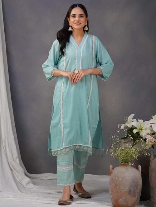 women three quarter sleeve kurta pant set - 22059006 -  Standard Image - 0