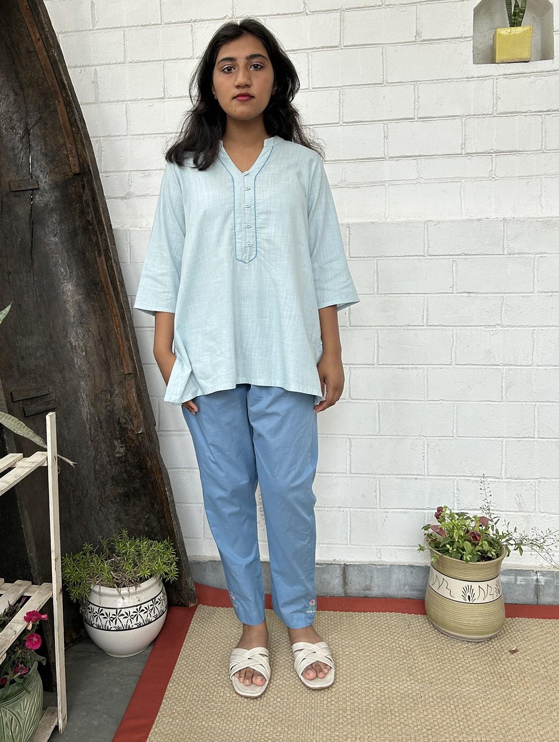 light blue cotton kurta pant  set - 22059118 -  Zoom Image - 0