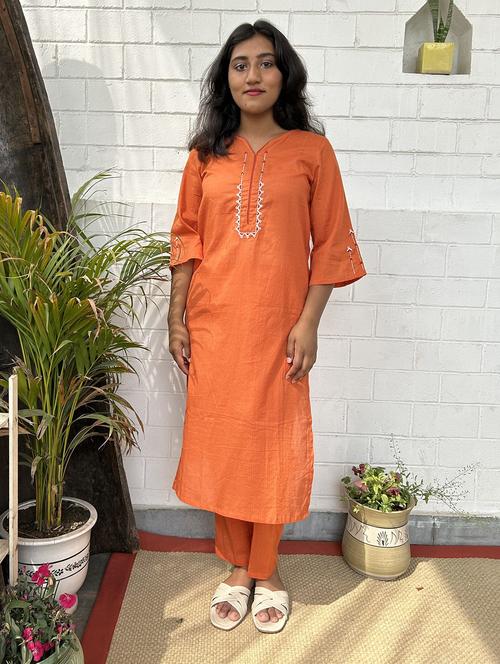 orange cotton kurta pant set - 22059139 - Standard Image - 0