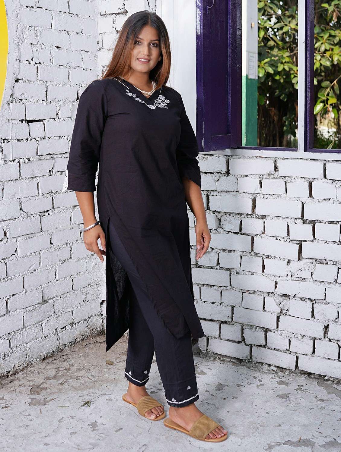 women solid three quarter sleeve kurta pant set - 22059153 -  Standard Image - 3