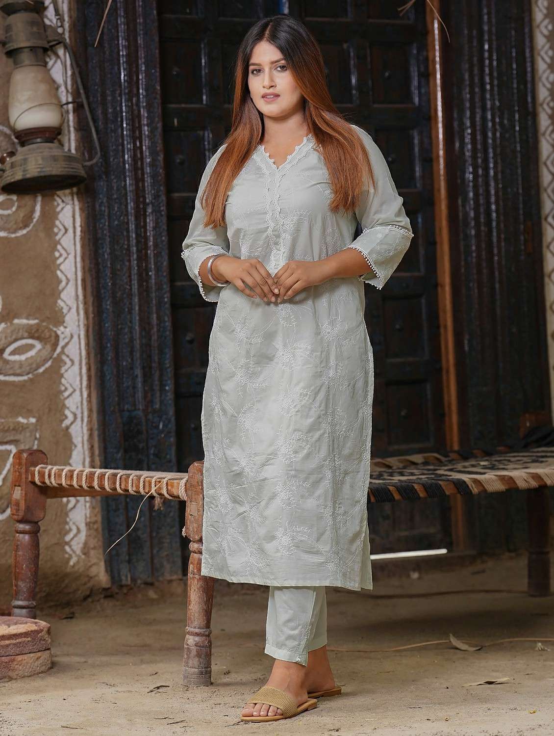 women three quarter sleeve kurta pant set - 22059188 -  Standard Image - 3