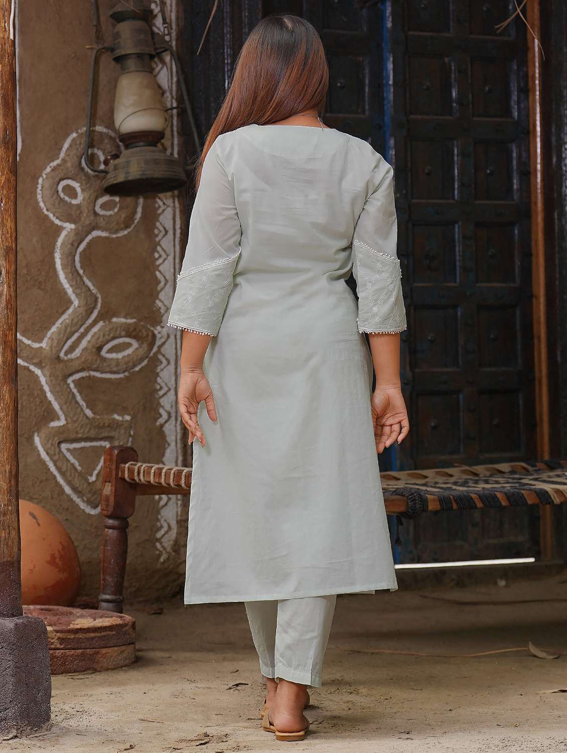 women three quarter sleeve kurta pant set - 22059188 -  Standard Image - 5