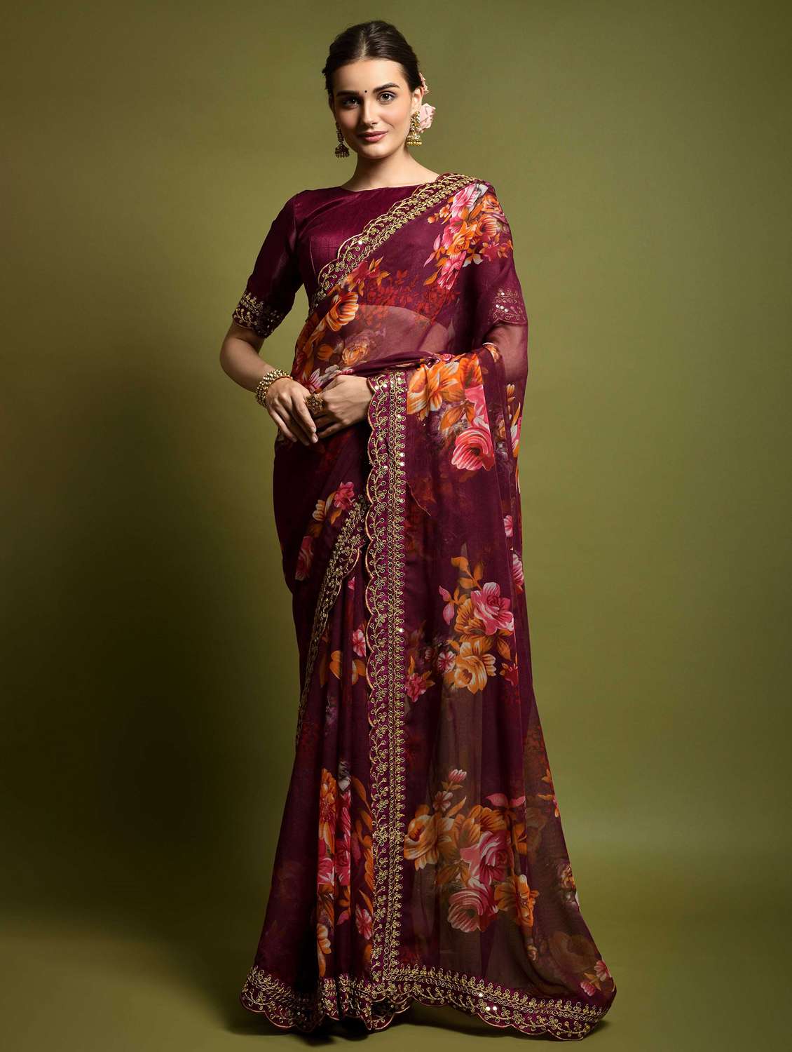 women floral printed saree with blouse