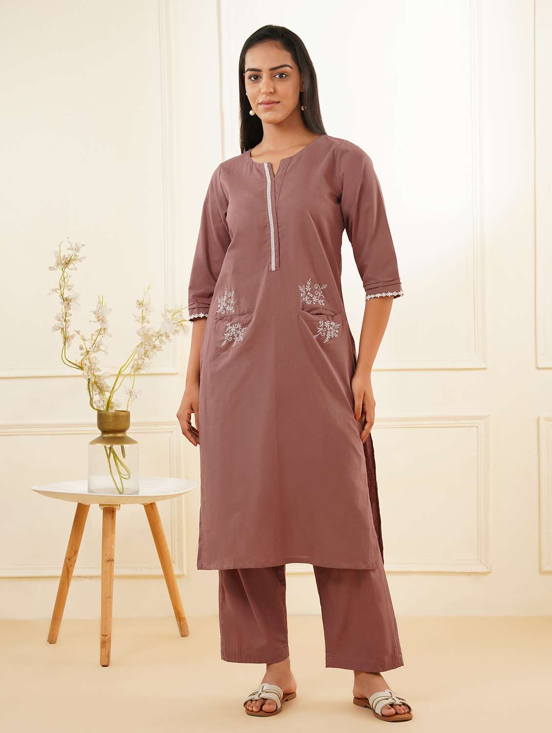 women three quarter sleeve kurta pant set