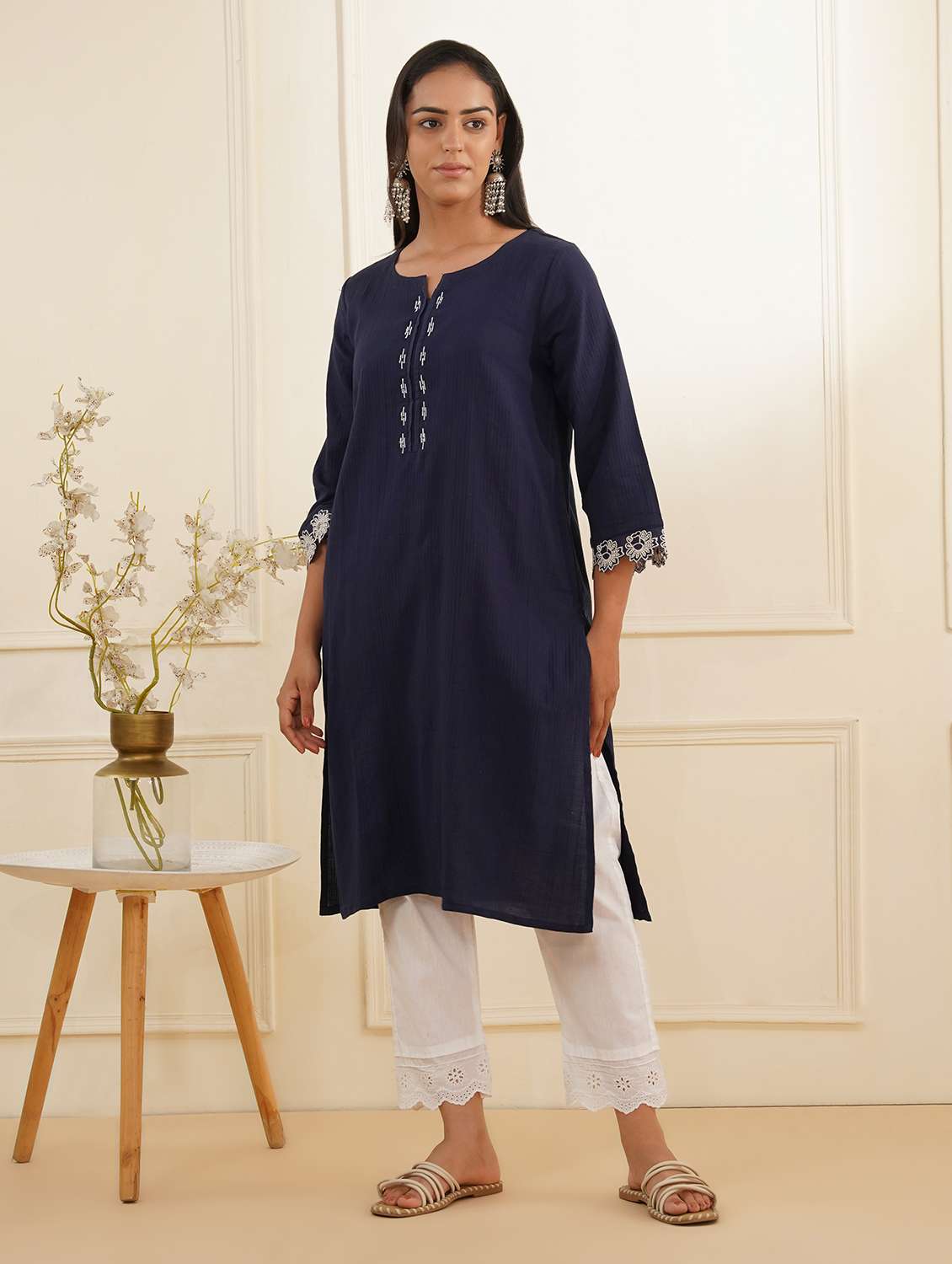 women three quarter sleeve kurta pant set