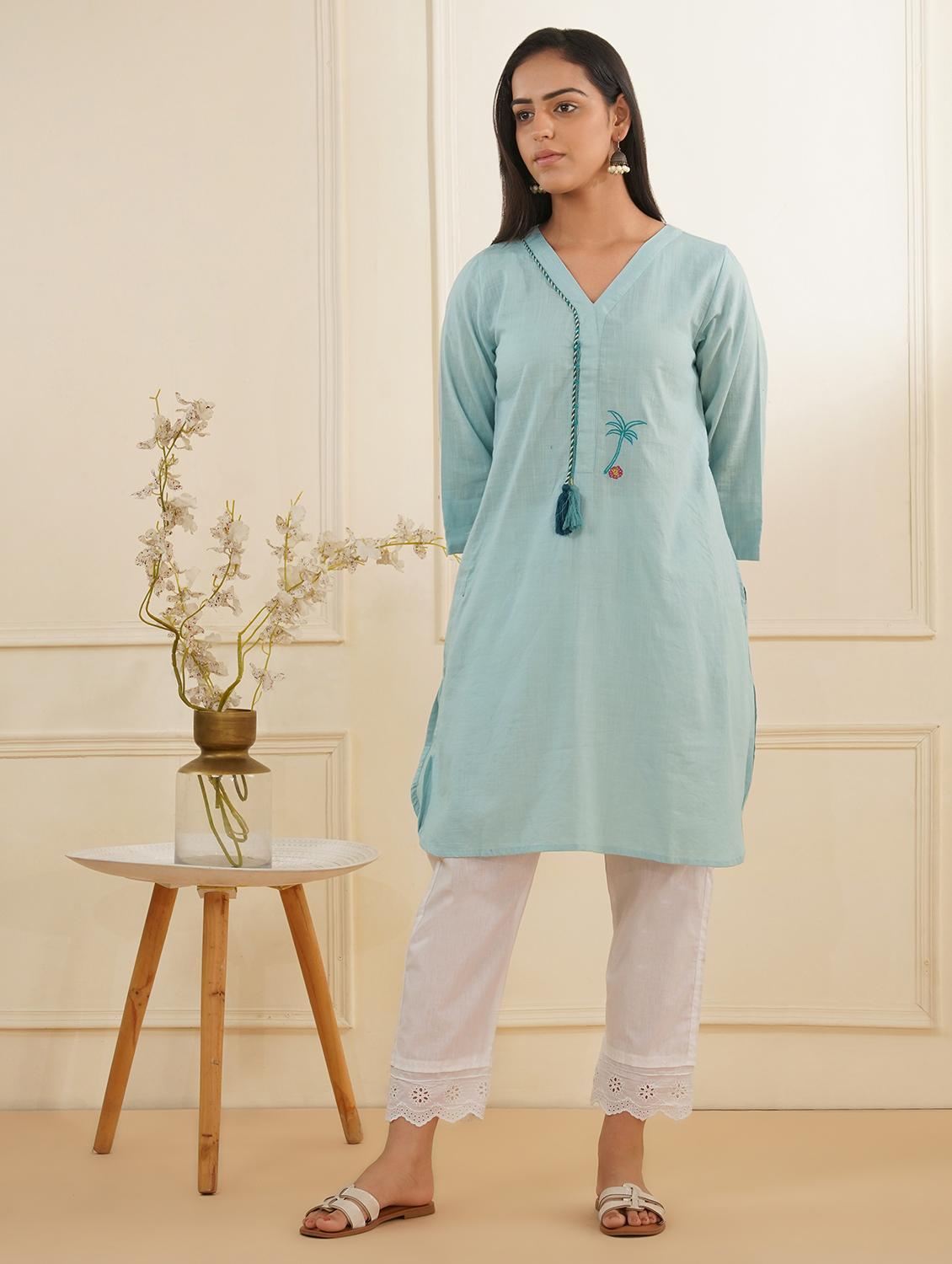 light blue cotton kurta pant  set - 22059237 -  Zoom Image - 0