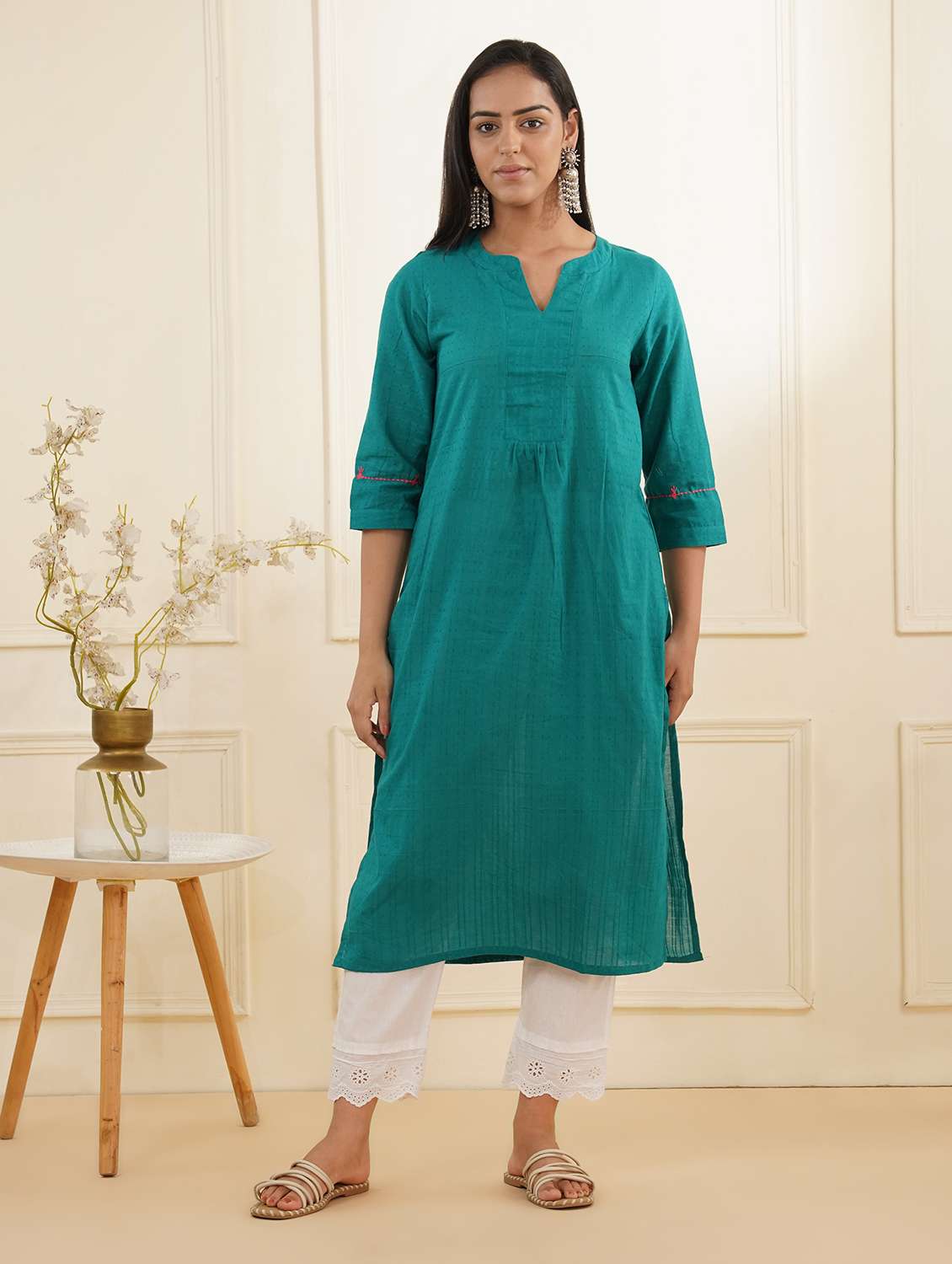 women three quarter sleeve kurta pant set