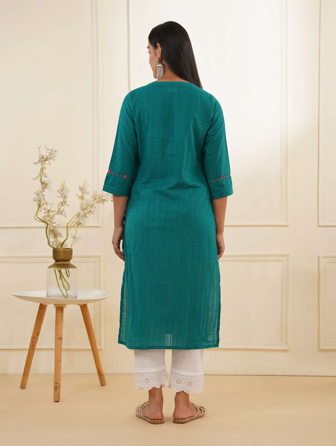 women three quarter sleeve kurta pant set - 22059238 -  Standard Image - 3