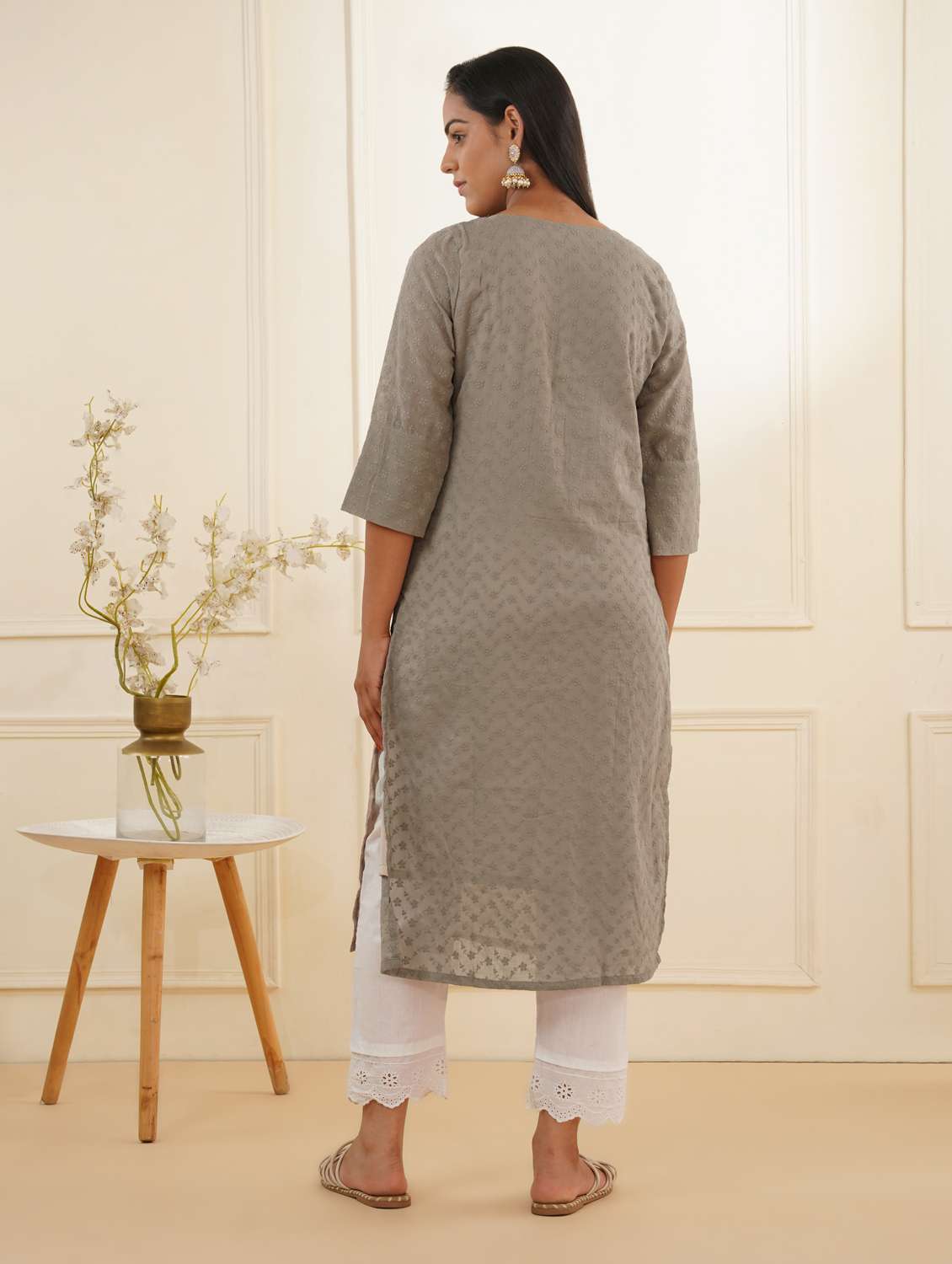 women three quarter sleeve kurta pant set - 22059240 -  Standard Image - 3