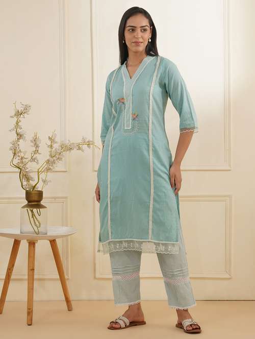 women three quarter sleeve kurta pant set - 22059243 - Standard Image - 0