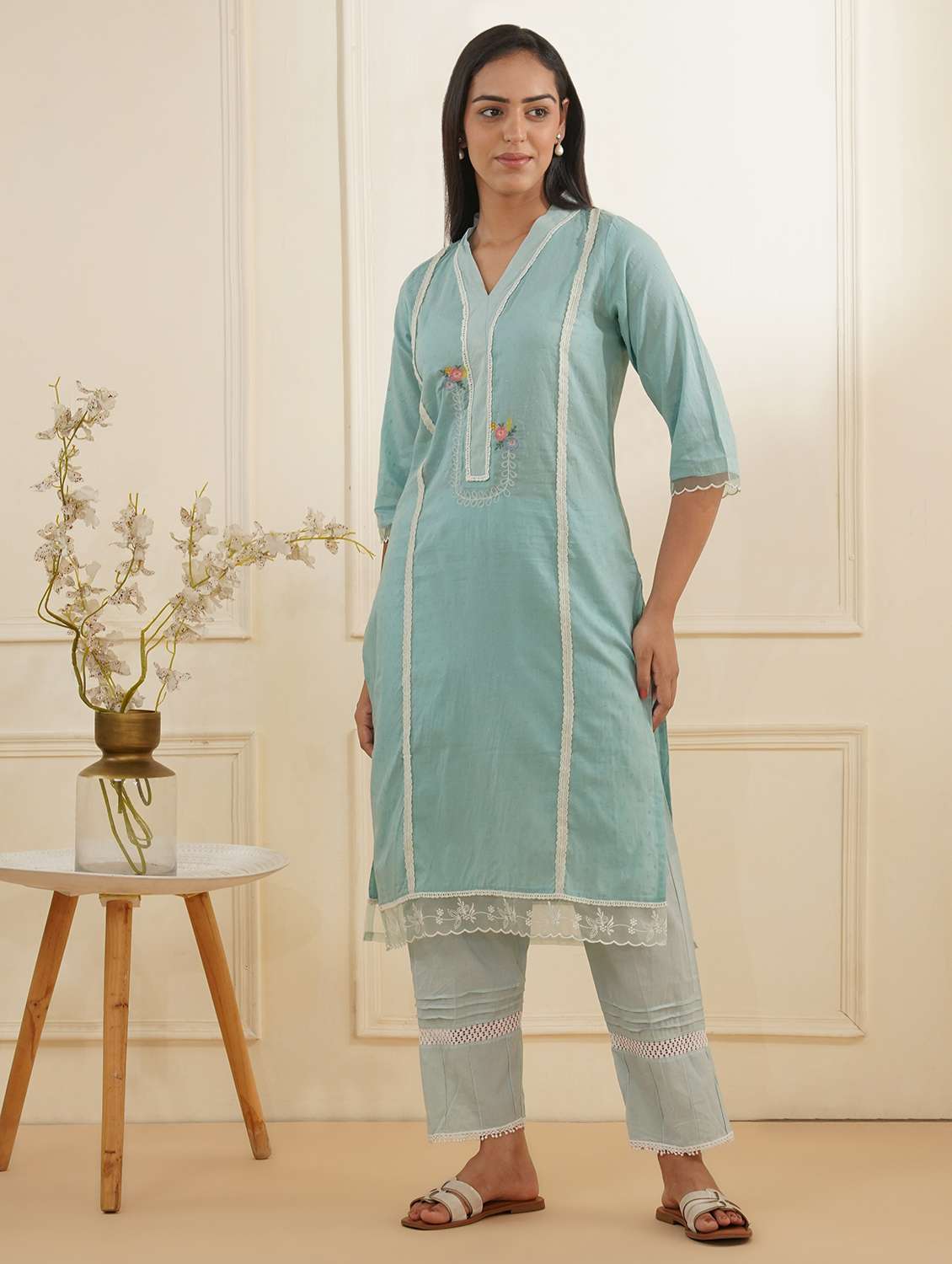 women three quarter sleeve kurta pant set - 22059243 - Zoom Image - 0