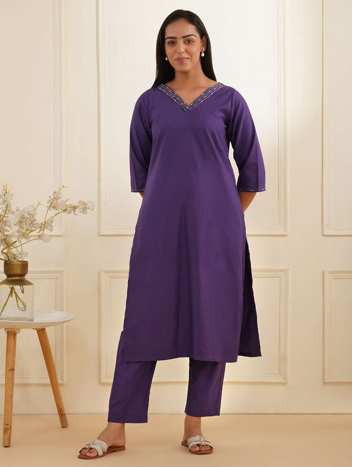 women three quarter sleeve kurta pant set - 22059244 - Zoom Image - 0