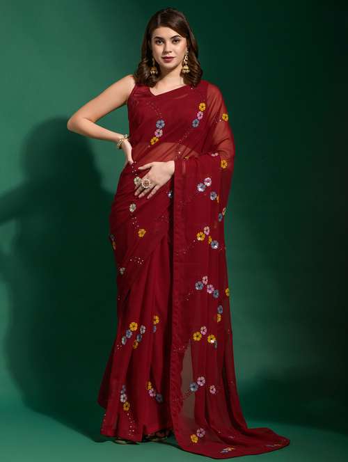 women solid with work embroidered saree with blouse - 22059289 -  Standard Image - 0