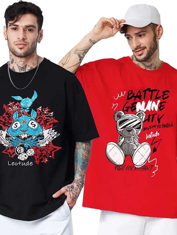 men pack of 2 printed short sleeve oversized fit t-shirt