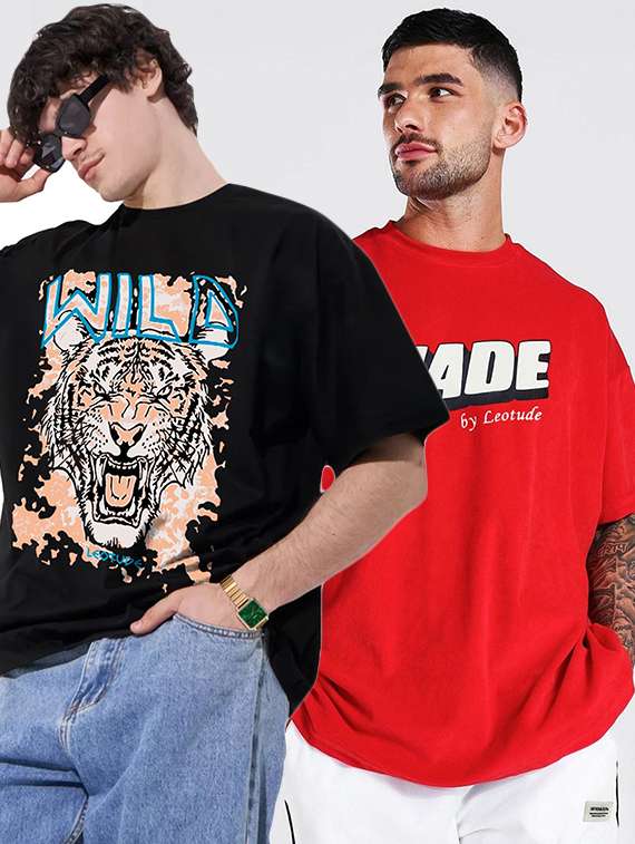 men pack of 2 printed short sleeve oversized fit t-shirt