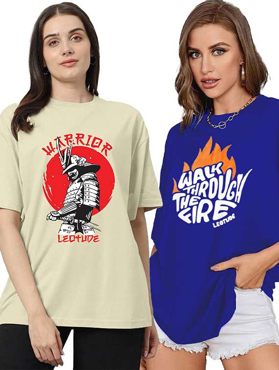 women pack of 2 printed short sleeve oversized t-shirt - 22059603 -  Zoom Image - 0