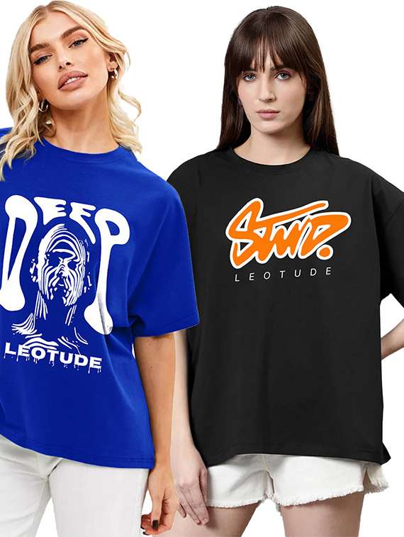 women pack of 2 printed short sleeve oversized t-shirt