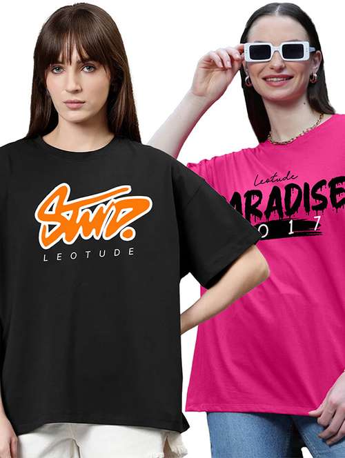 women pack of 2 printed short sleeve oversized t-shirt - 22059638 -  Standard Image - 0