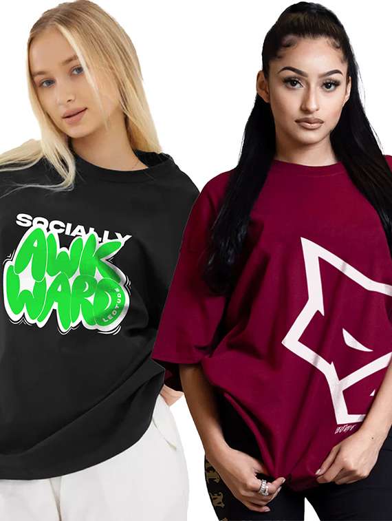 women pack of 2 printed short sleeve oversized t-shirt