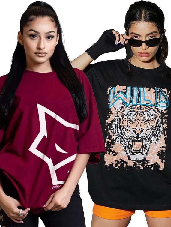 women pack of 2 printed short sleeve oversized t-shirt