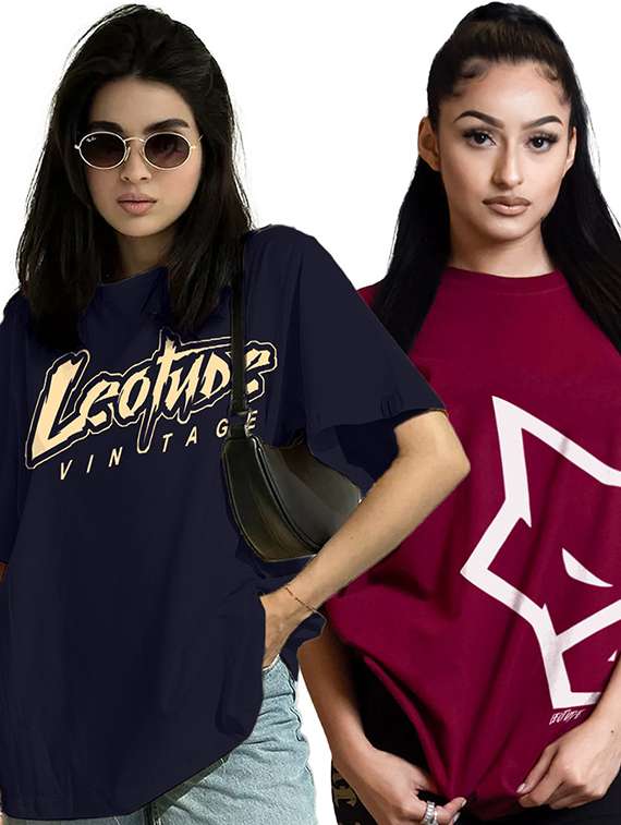 women pack of 2 printed short sleeve oversized t-shirt