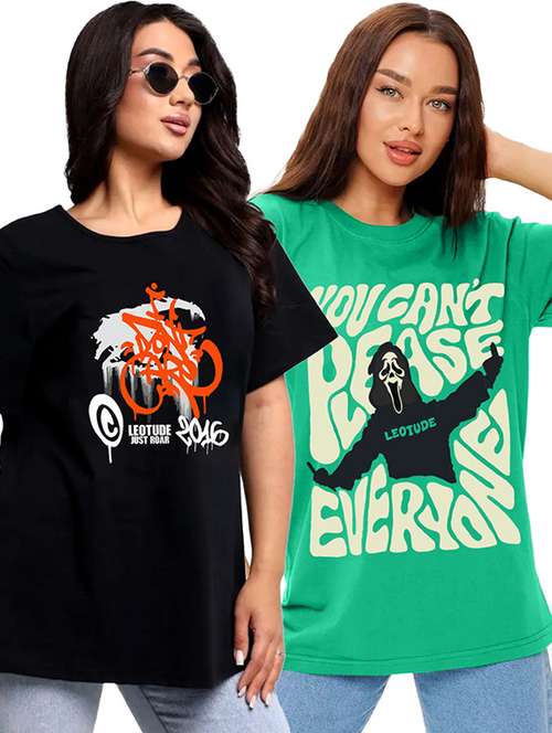 women pack of 2 printed short sleeve oversized t-shirt - 22059701 -  Standard Image - 0