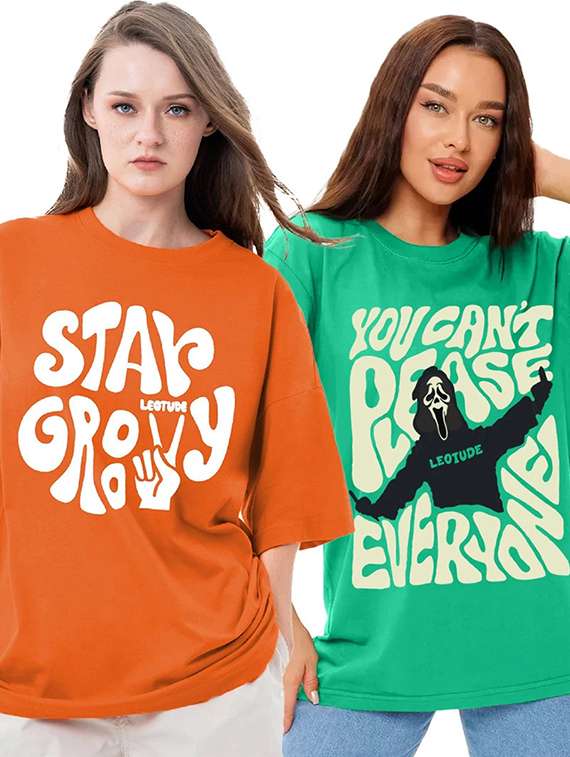 women pack of 2 printed short sleeve oversized t-shirt