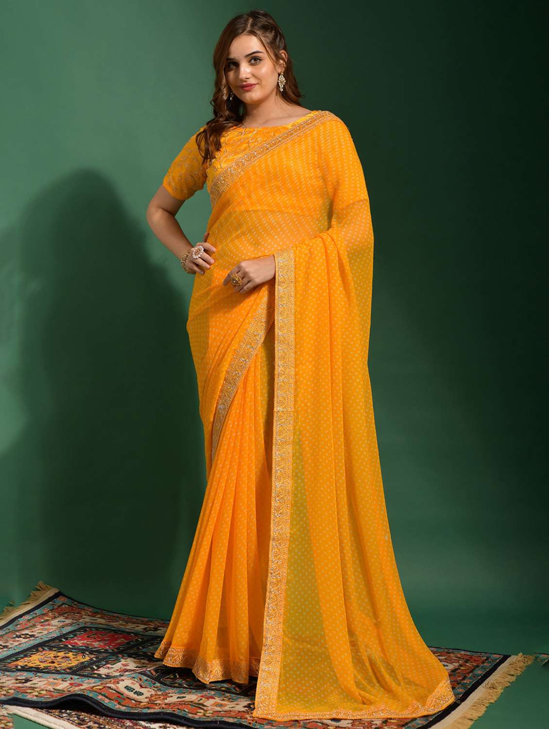 women bandhani printed bordered saree with blouse - 22059737 - Zoom Image - 0