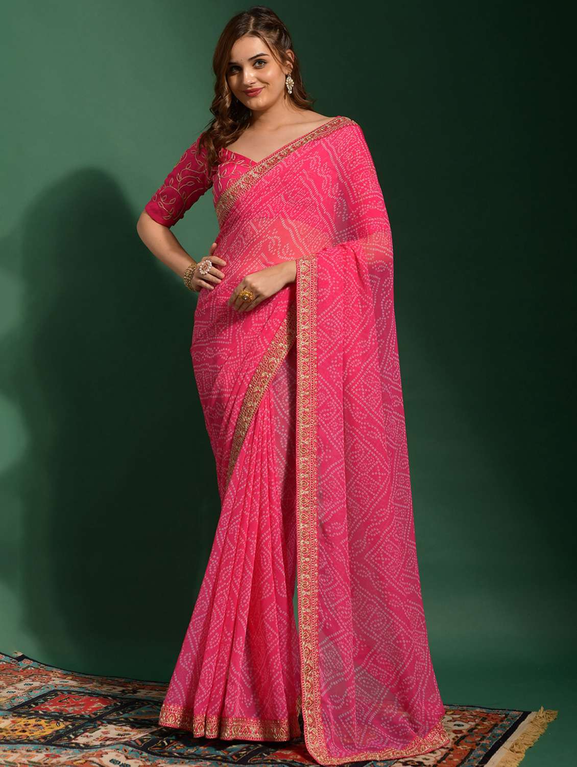 women bandhani printed bordered saree with blouse - 22059739 - Zoom Image - 0