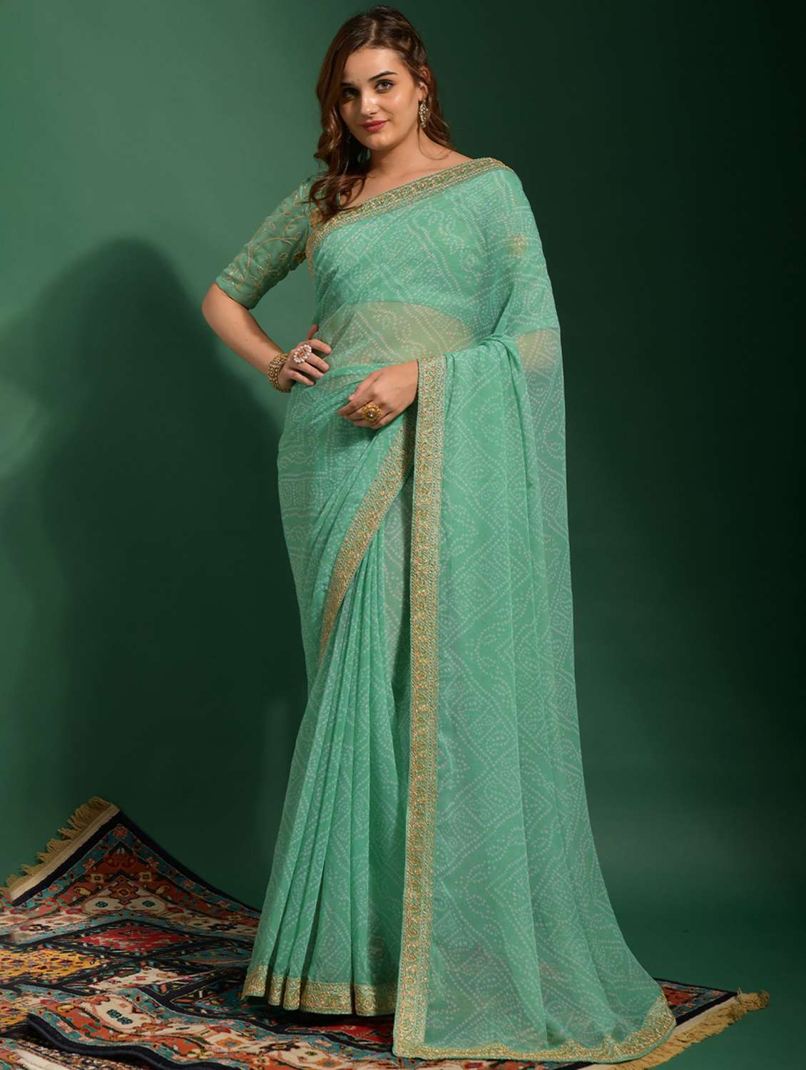 women bandhani printed bordered saree with blouse - 22059740 - Zoom Image - 0