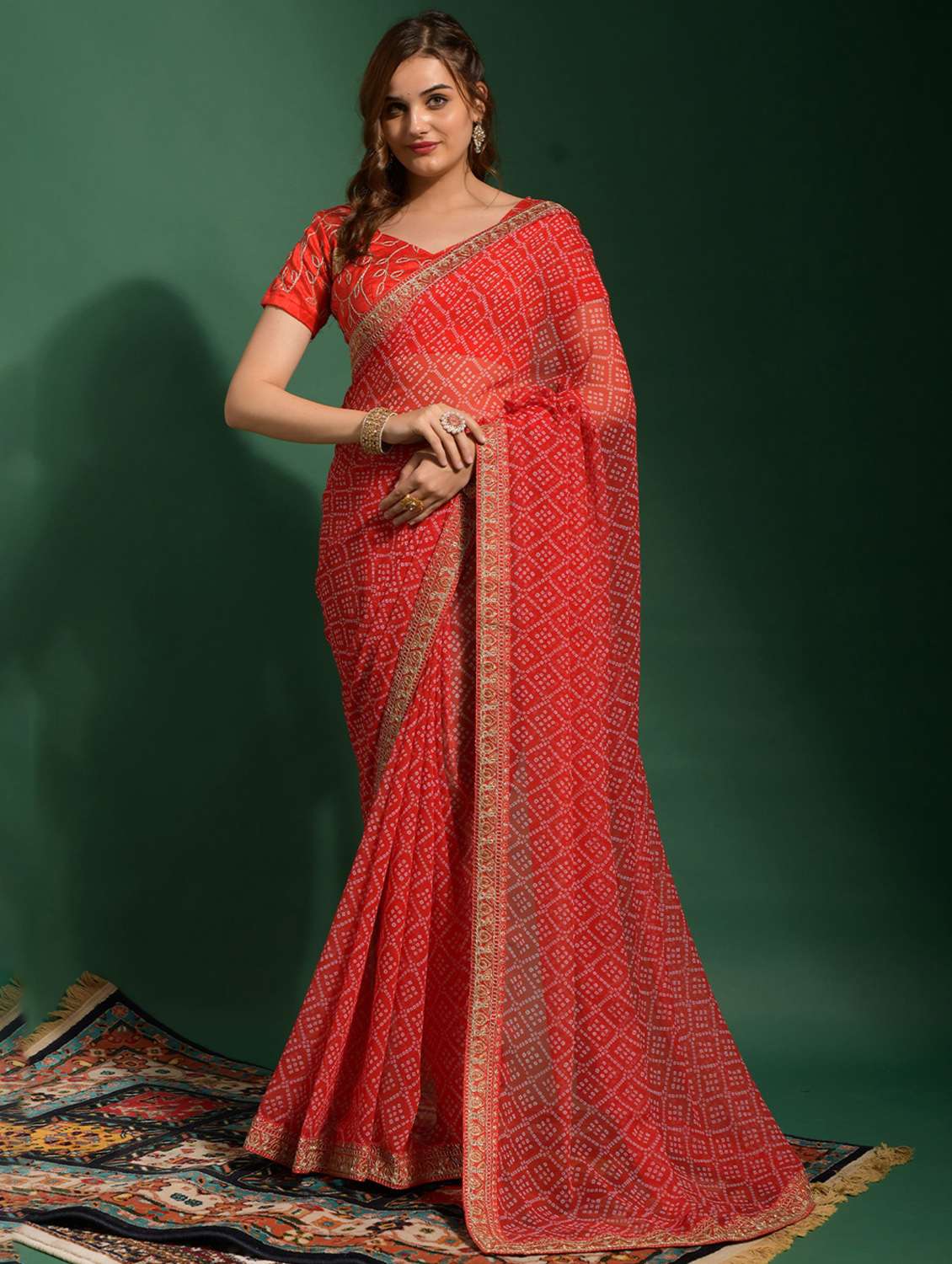 women bandhani printed bordered saree with blouse - 22059741 -  Zoom Image - 0