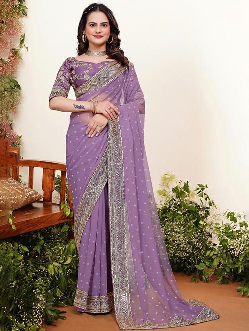 women solid with work embellished saree with blouse - 22059767 - Standard Image - 0