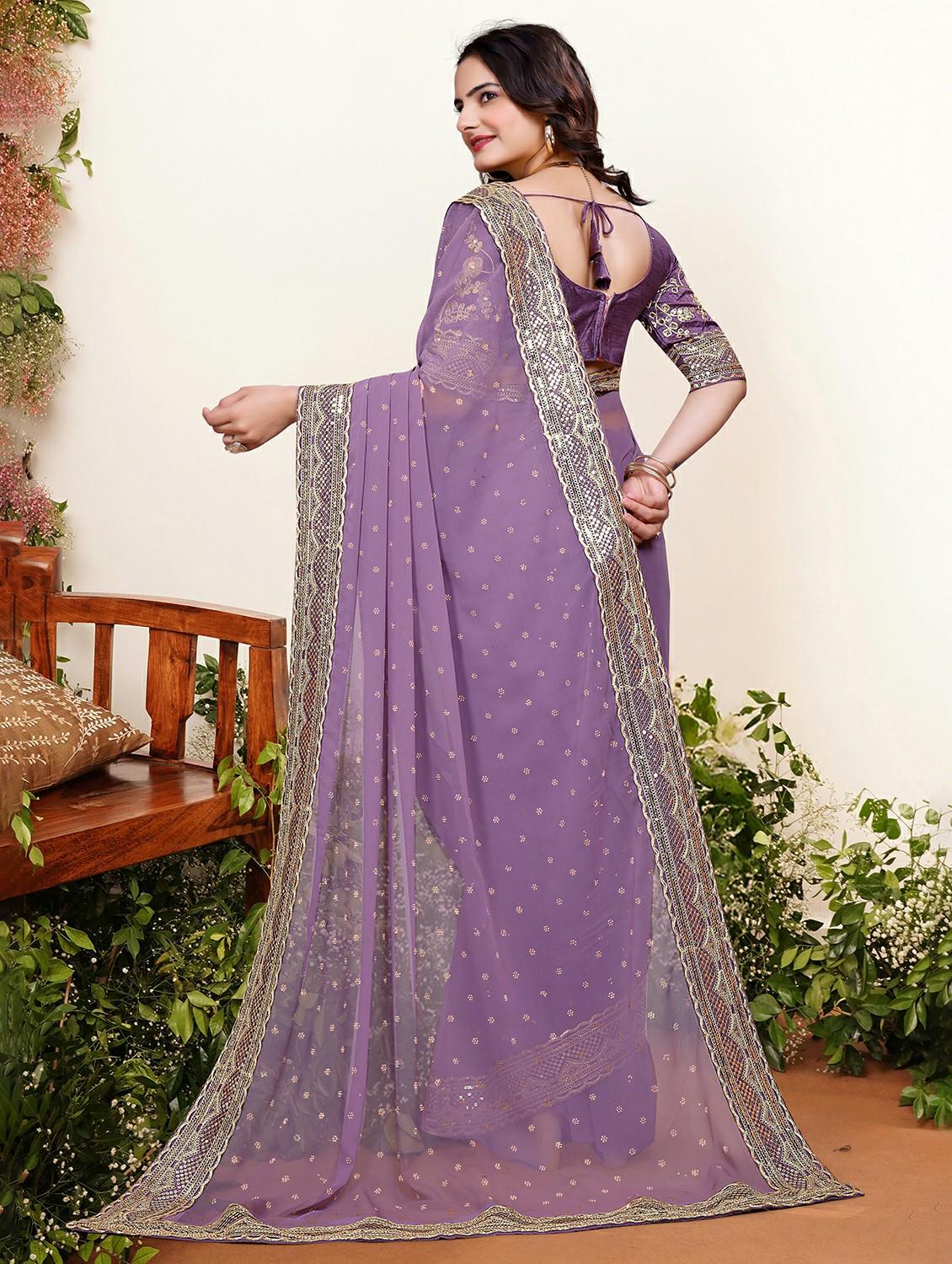 women solid with work embellished saree with blouse - 22059767 - Standard Image - 3