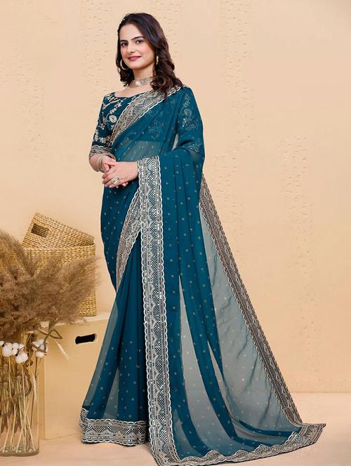 women solid with work embellished saree with blouse - 22059768 - Standard Image - 0