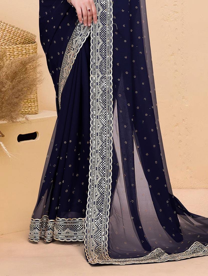 women solid with work embellished saree with blouse - 22059769 - Standard Image - 3