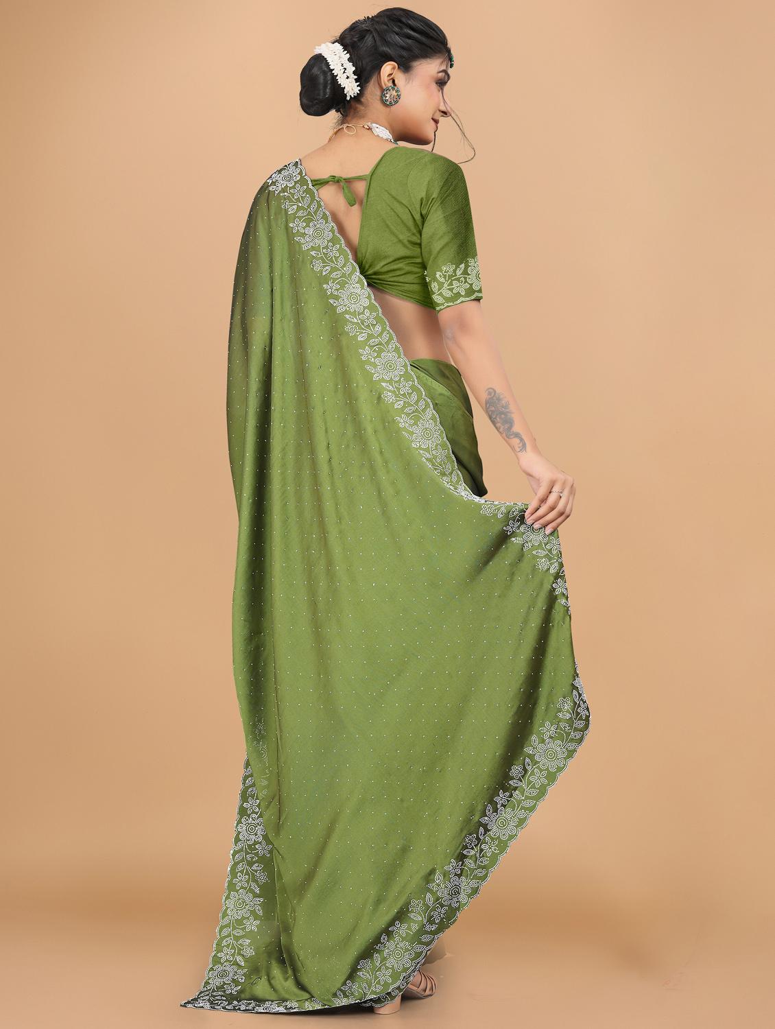 women solid with work embellished saree with blouse - 22059798 - Standard Image - 3