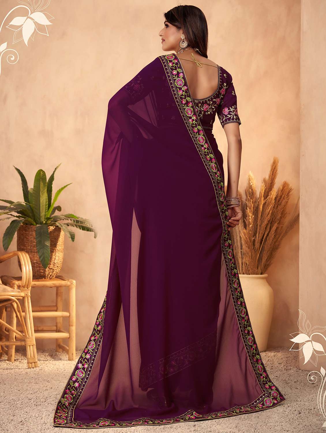 women solid with bordered saree with blouse - 22059933 - Standard Image - 3