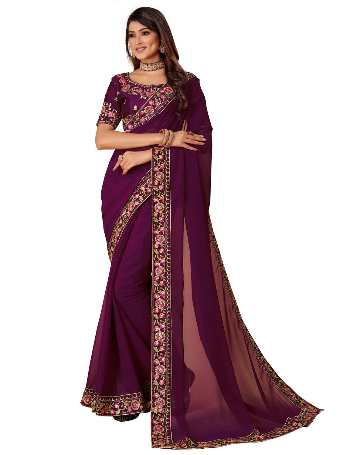 women solid with bordered saree with blouse - 22059939 - Zoom Image - 0