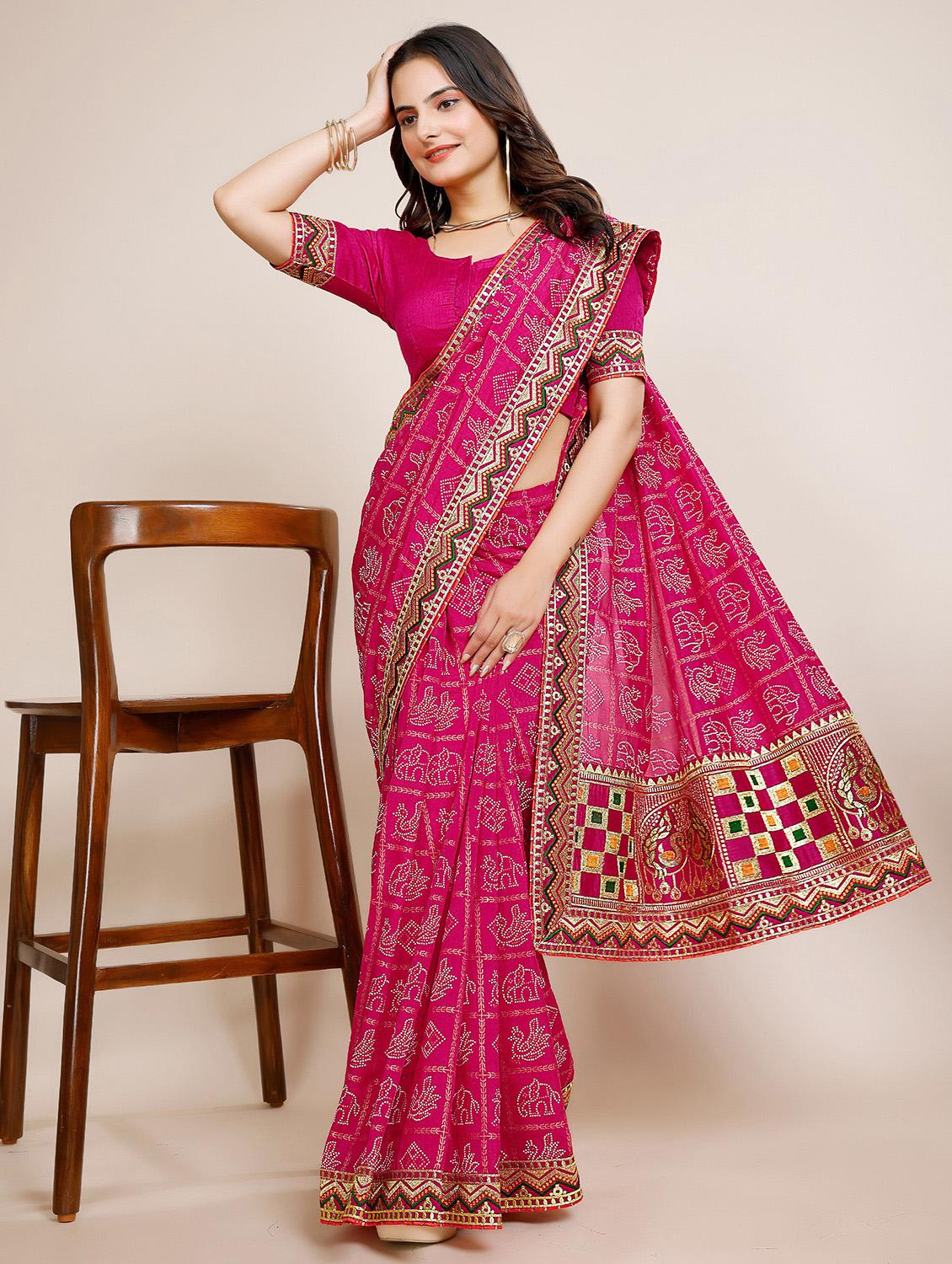 women bandhani printed bordered saree with blouse - 22059950 -  Zoom Image - 0
