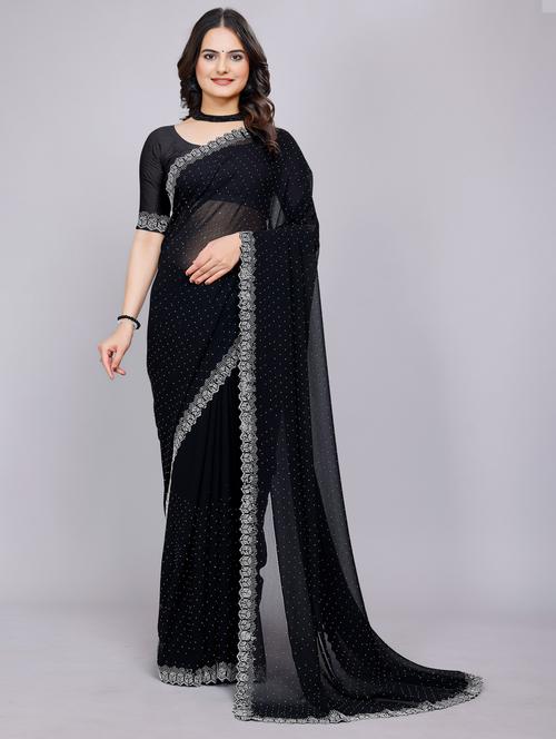 women solid with work embellished saree with blouse - 22059980 - Standard Image - 0