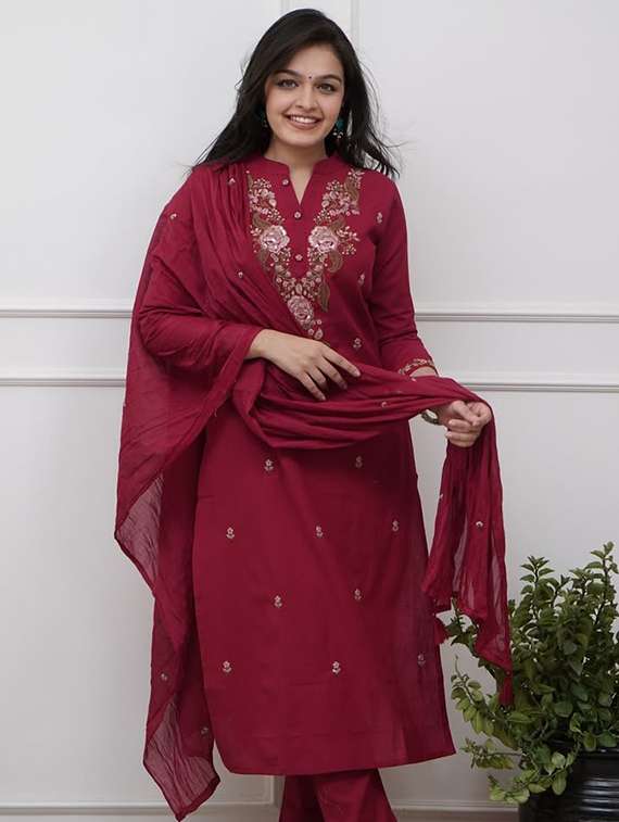 women embroidered three quarter sleeve kurta pant with dupatta set - 22060157 -  Zoom Image - 0