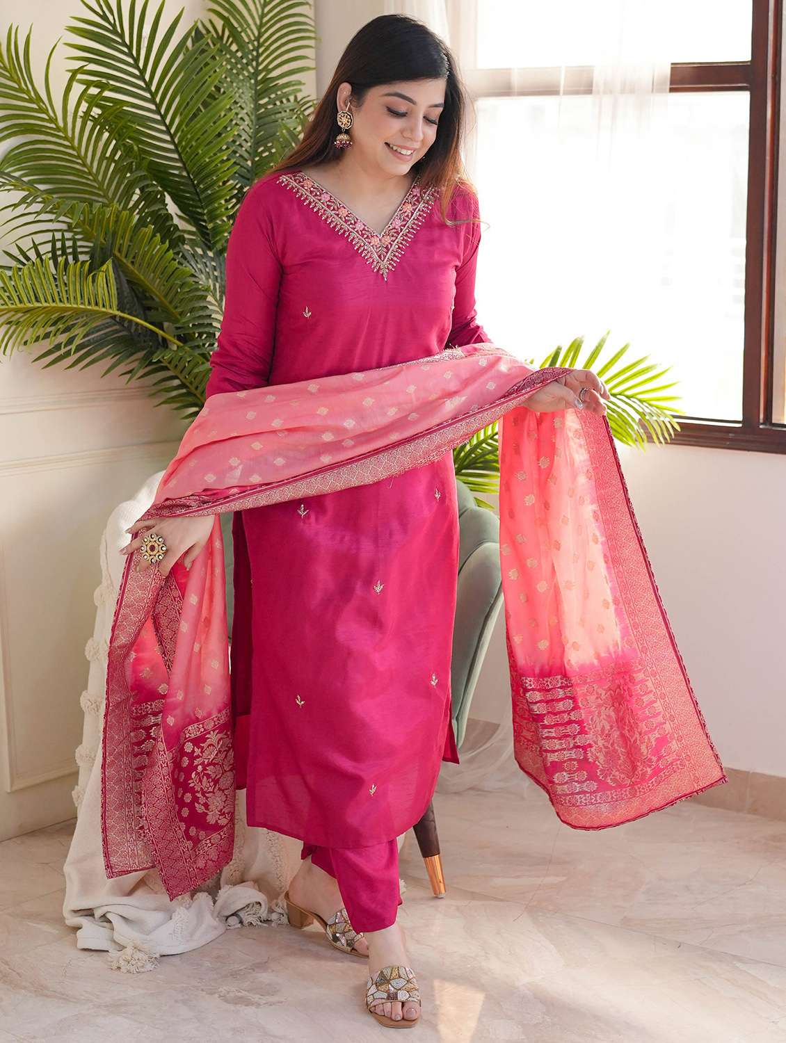 women three quarter sleeve kurta pant with dupatta set - 22060169 -  Zoom Image - 0