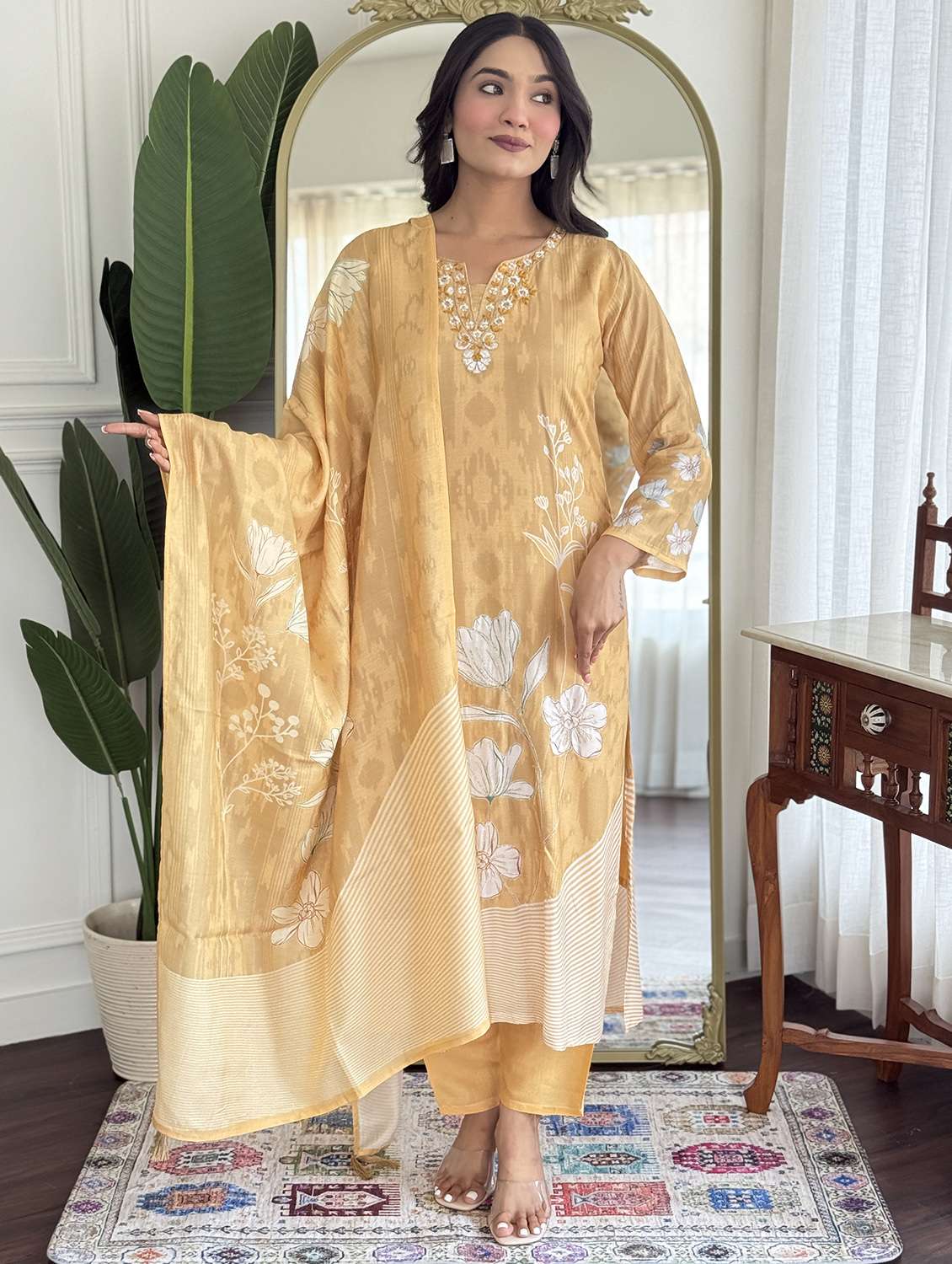 women three quarter sleeve kurta pant with dupatta set