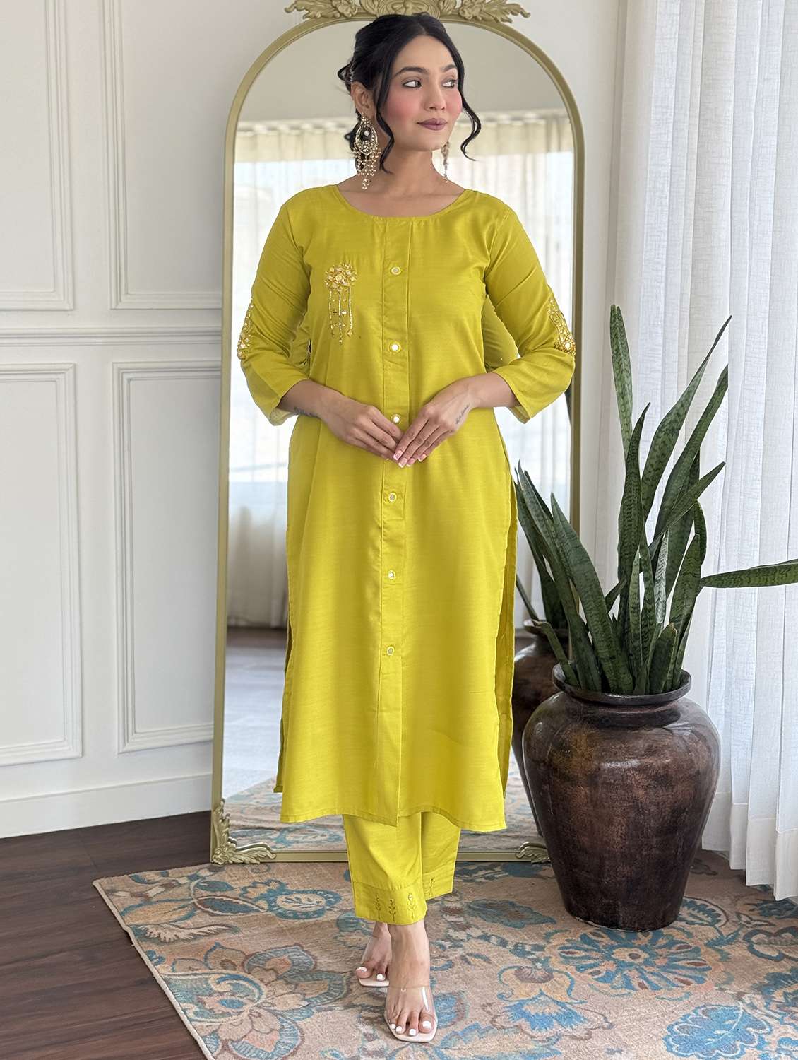 women three quarter sleeve kurta pant with dupatta set